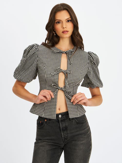Miss Circle Qusayla Bow Tie Front Gingham Puff Sleeve Top In Animal Print