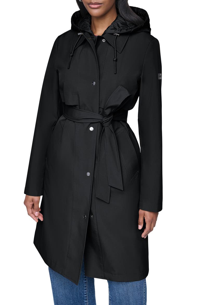 Softshell Quilted Bib Hooded Water Resistant Trench Coat, Main, color, BLACK