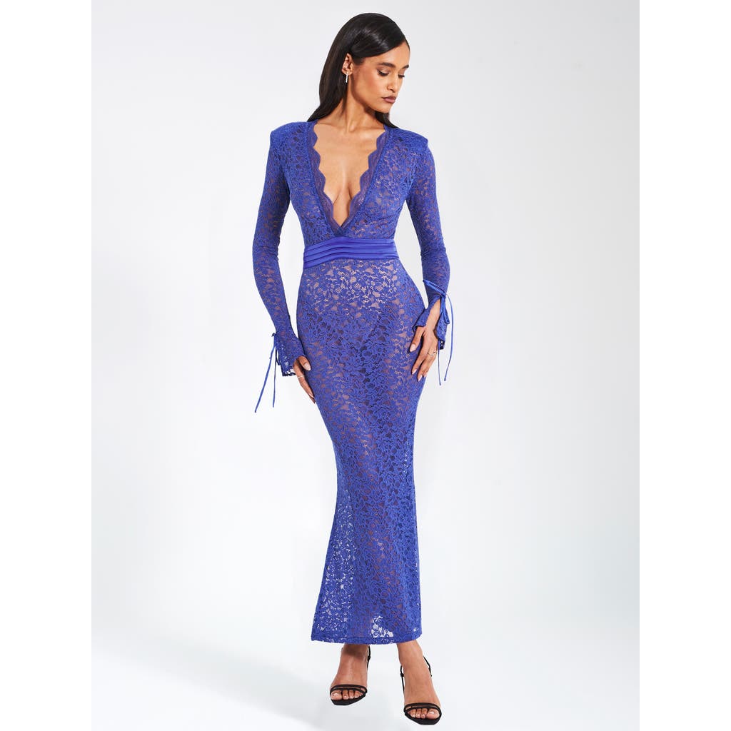 Miss Circle Women Giada Navy Lace Deep V Long Sleeve Maxi Dress In Blue