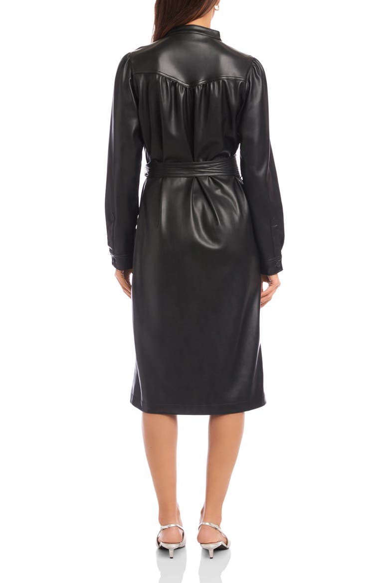 Jennifer Long Sleeve Tie Belt Faux Leather Dress, Alternate, color, BLACK