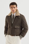 Brunello Cucinelli Waxed techno cotton bomber jacket with Thermore® padding and detachable shearling collar