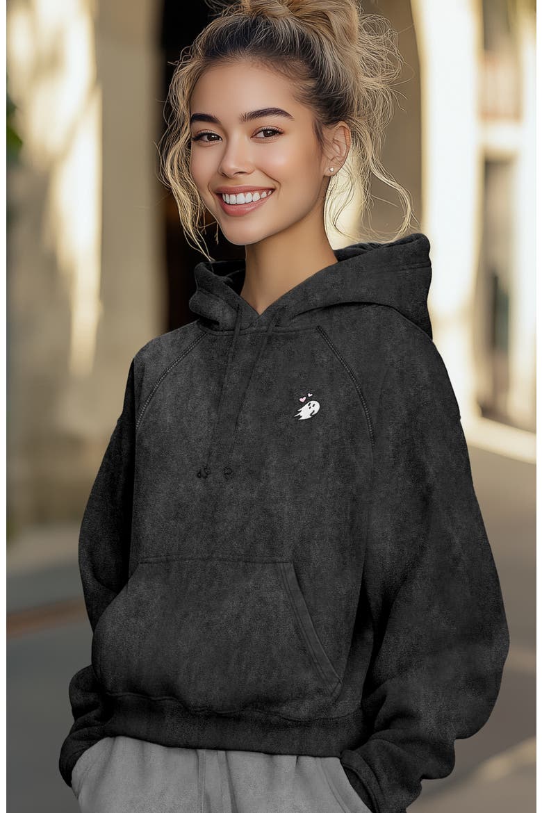 Womens Heartly Ghost Mineral Washed Hoodie, Alternate, color, Black
