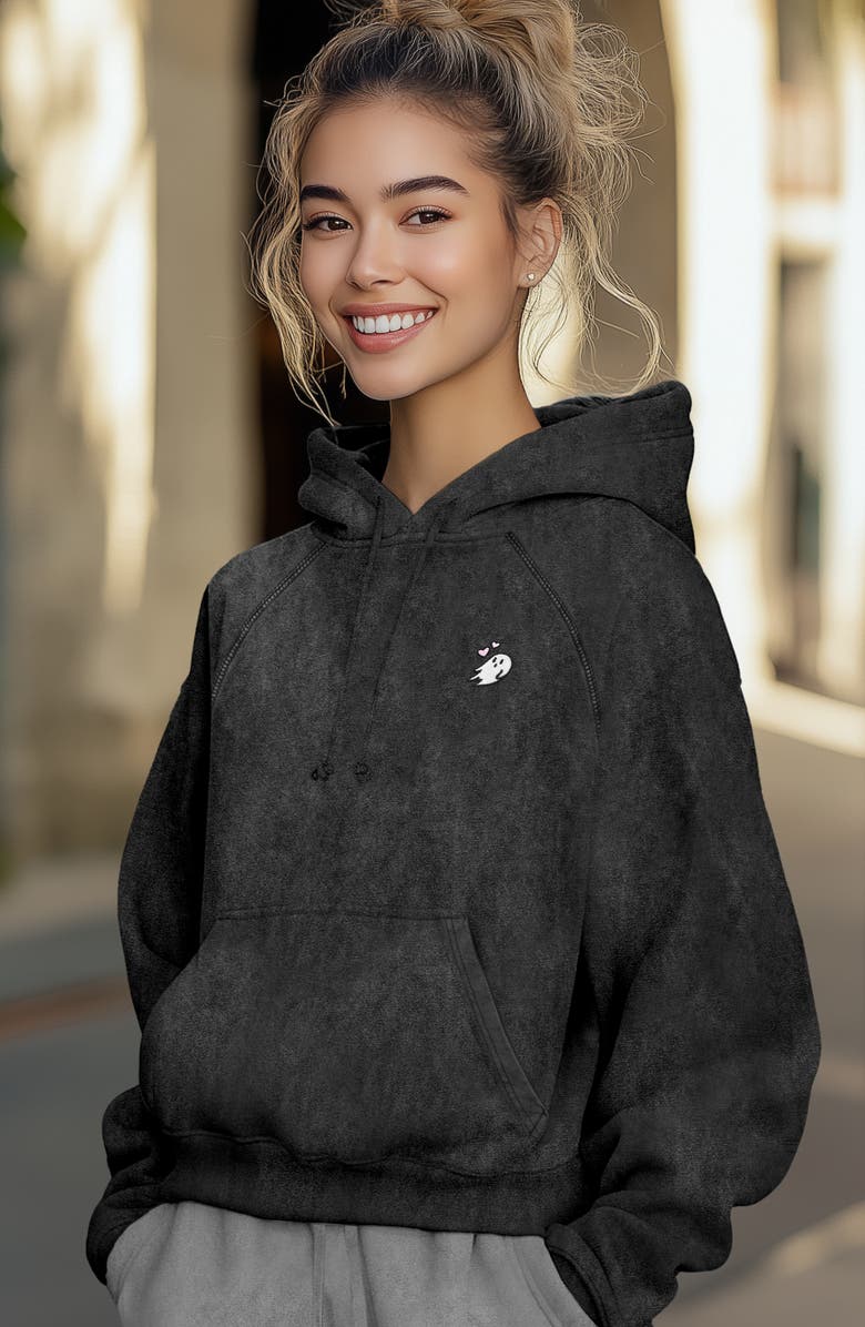 Dalix Womens Heartly Ghost Mineral Washed Hoodie, Alternate, color, Black