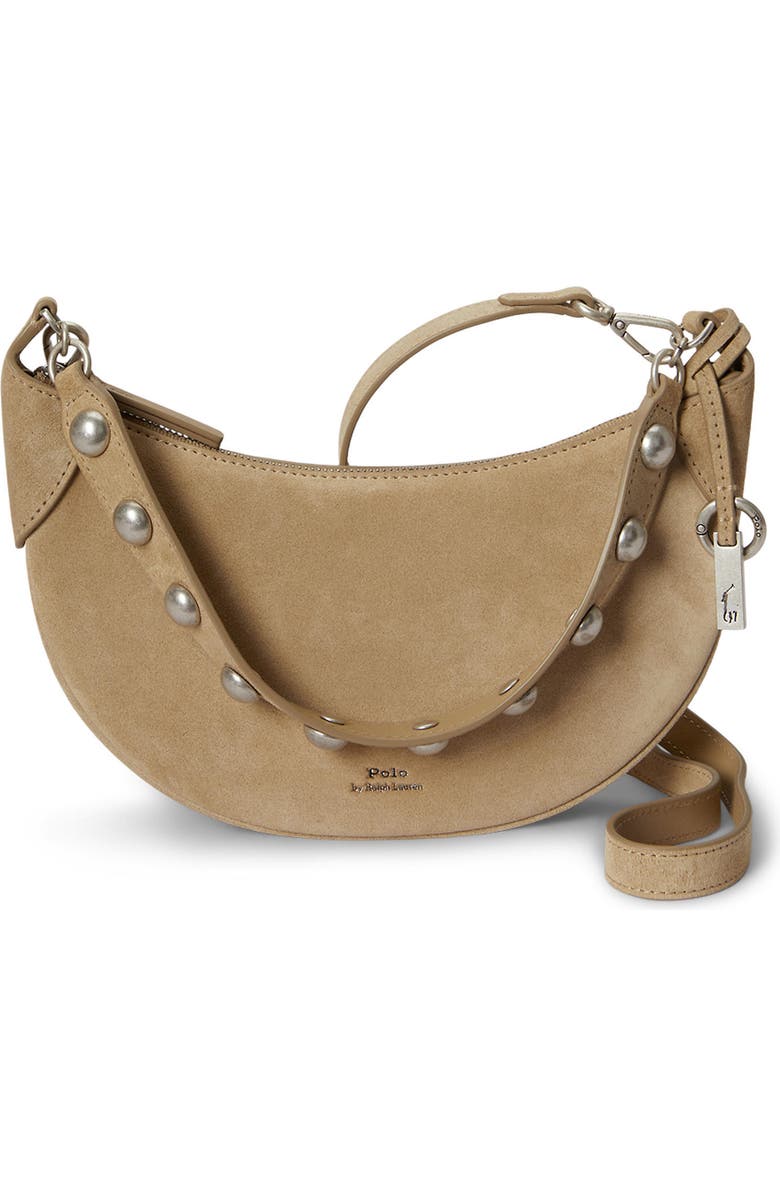 Polo Ralph Lauren Polo ID Stud Suede Crossbody Bag, Main, color, Cashew