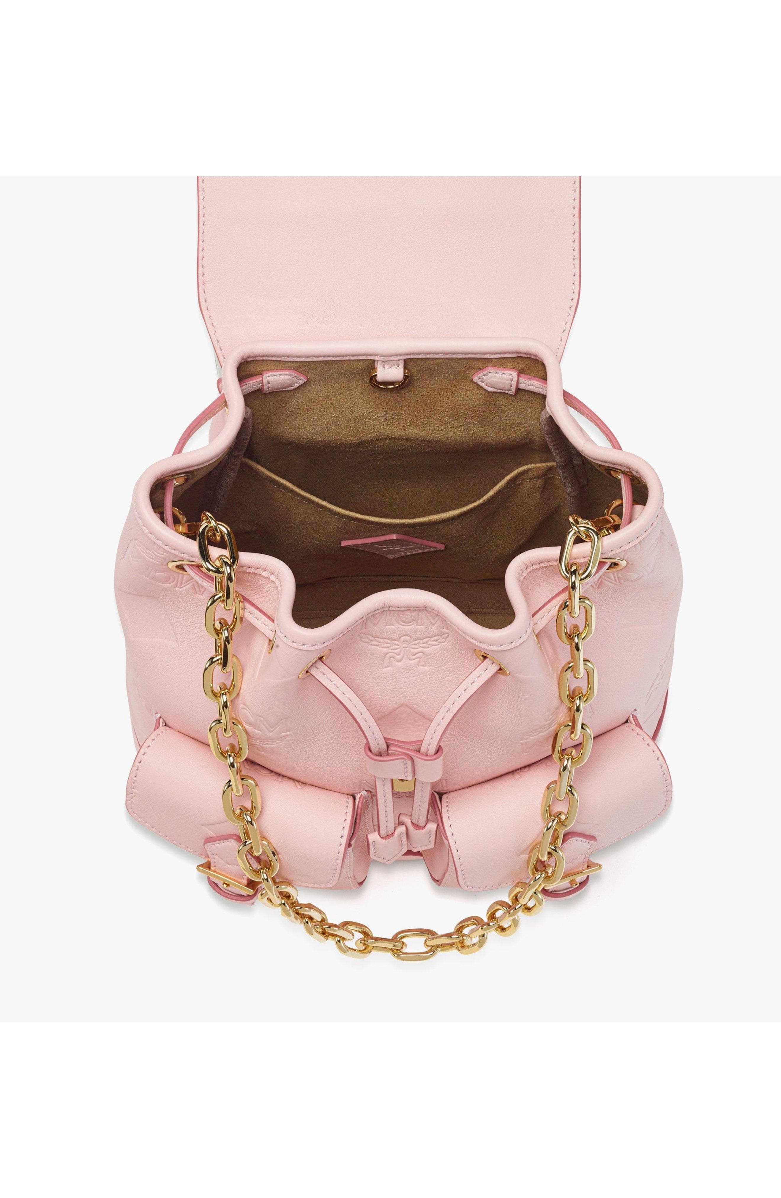 MCM Aren Drawstring Backpack in Maxi Monogram Leather, Alternate, color, Lotus Pink