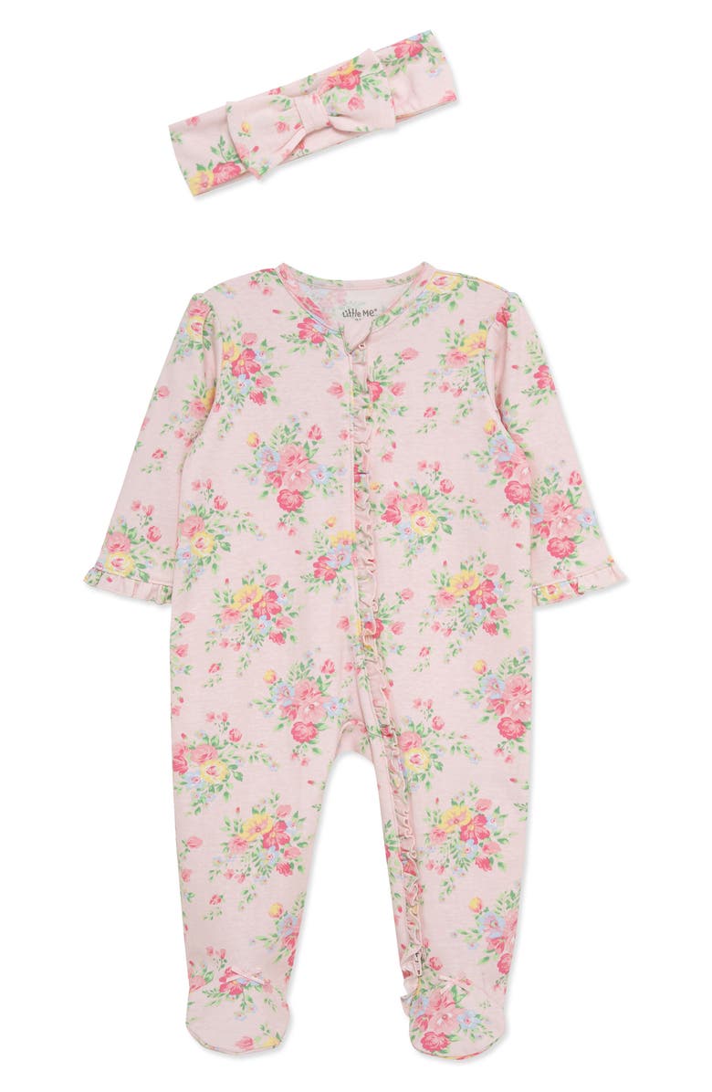 Little Me Bouquet Floral Footie & Headband Set, Main, color, Pink Floral
