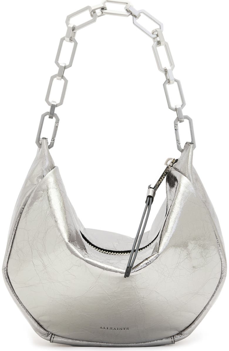 AllSaints Mini Madea Chain Leather Hobo Bag, Main, color, Gunmetal Grey