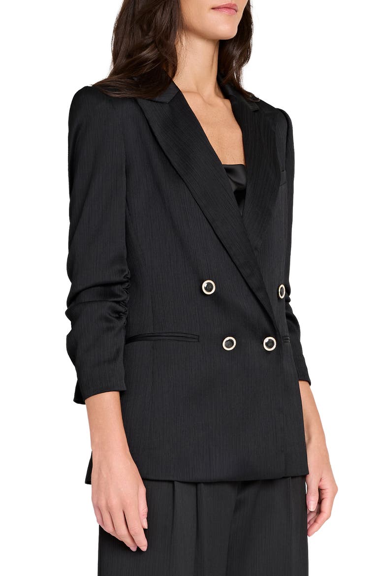 Double Breasted Crinkle Satin Blazer, Alternate, color, BLACK