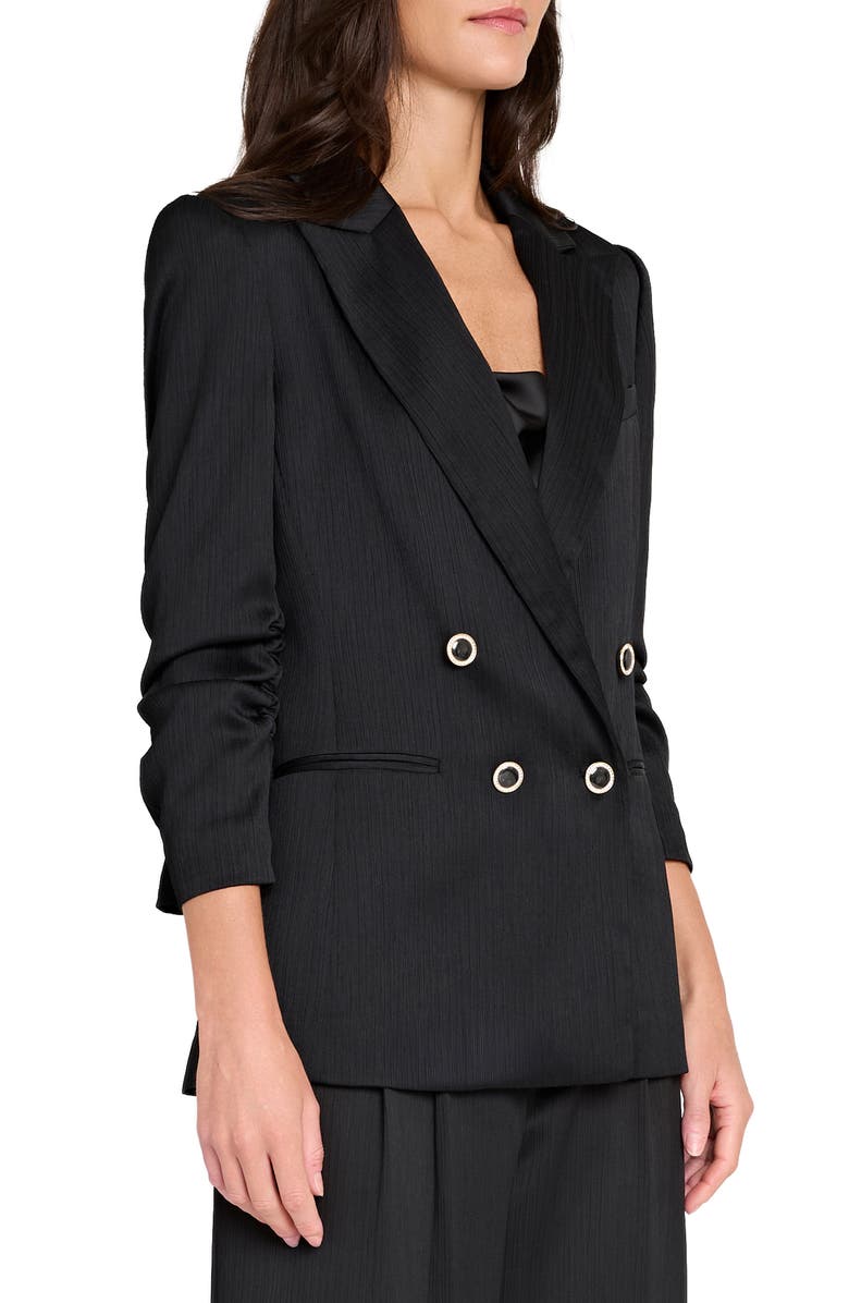 Tahari ASL Double Breasted Crinkle Satin Blazer, Alternate, color, Black