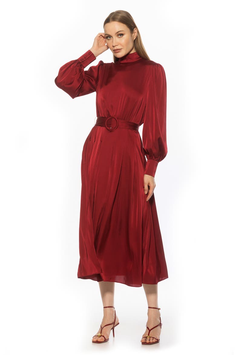 Safiya Long Sleeve Belted Fit & Flare Dress, Alternate, color, BURGUNDY