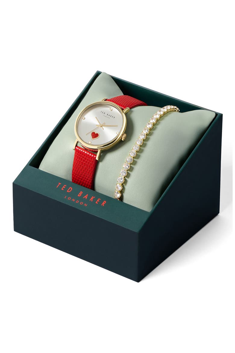 Phylipa Leather Strap Watch & Bracelet Set, 34mm, Alternate, color, YELLOW GOLD/ SILVER/ RED