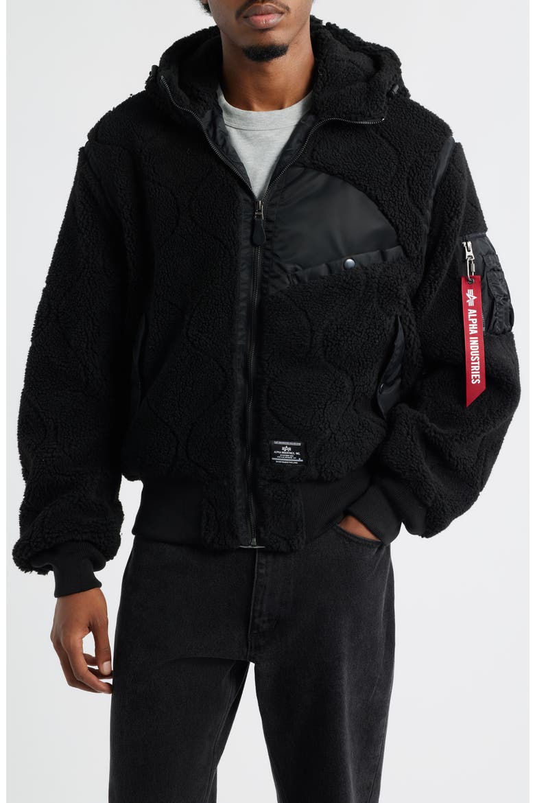 Quilted Fleece Hooded Flight Jacket, Alternate, color, BLACK