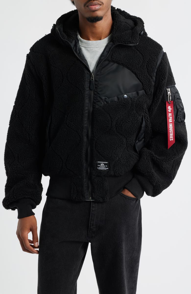 Alpha Industries Quilted Fleece Hooded Flight Jacket, Alternate, color, Black