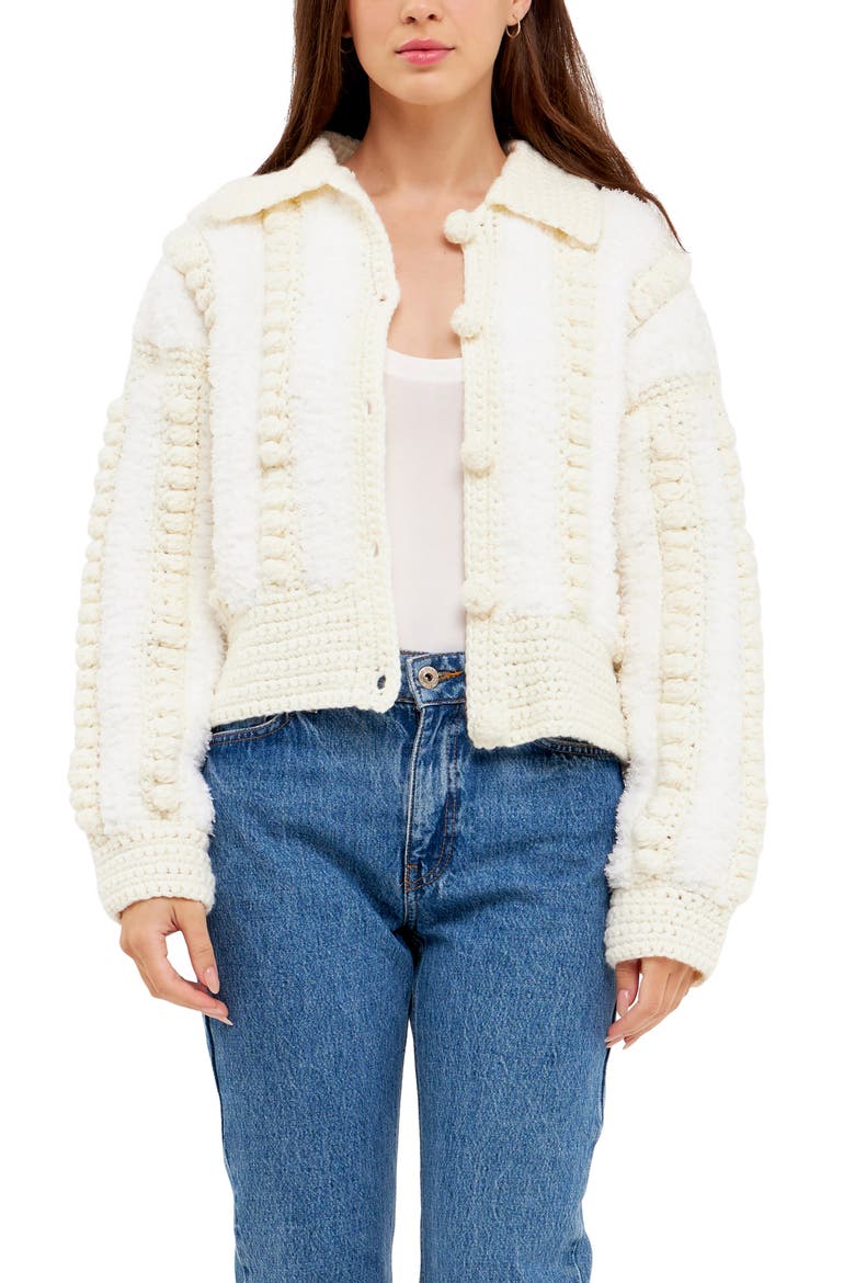 Premium Mixed Yarn Pompom Cardigan, Main, color, IVORY