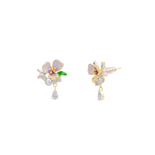 Spero London Pansy Violet Floral Earring In Gold