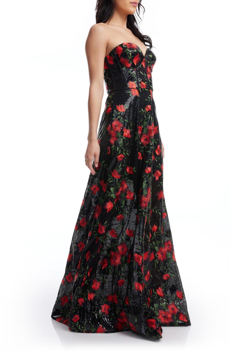 Daven Floral Print Sequin Strapless Gown, Alternate, color, ROUGE MULTI
