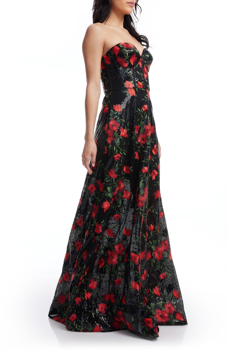 Dress the Population Daven Floral Print Sequin Strapless Gown, Alternate, color, Rouge Multi