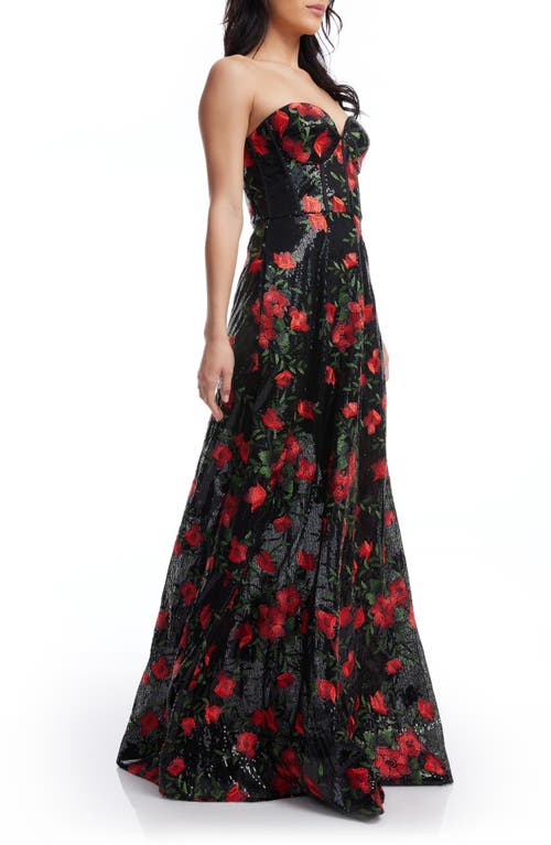 Shop Dress The Population Daven Floral Print Sequin Strapless Gown In Rouge Multi