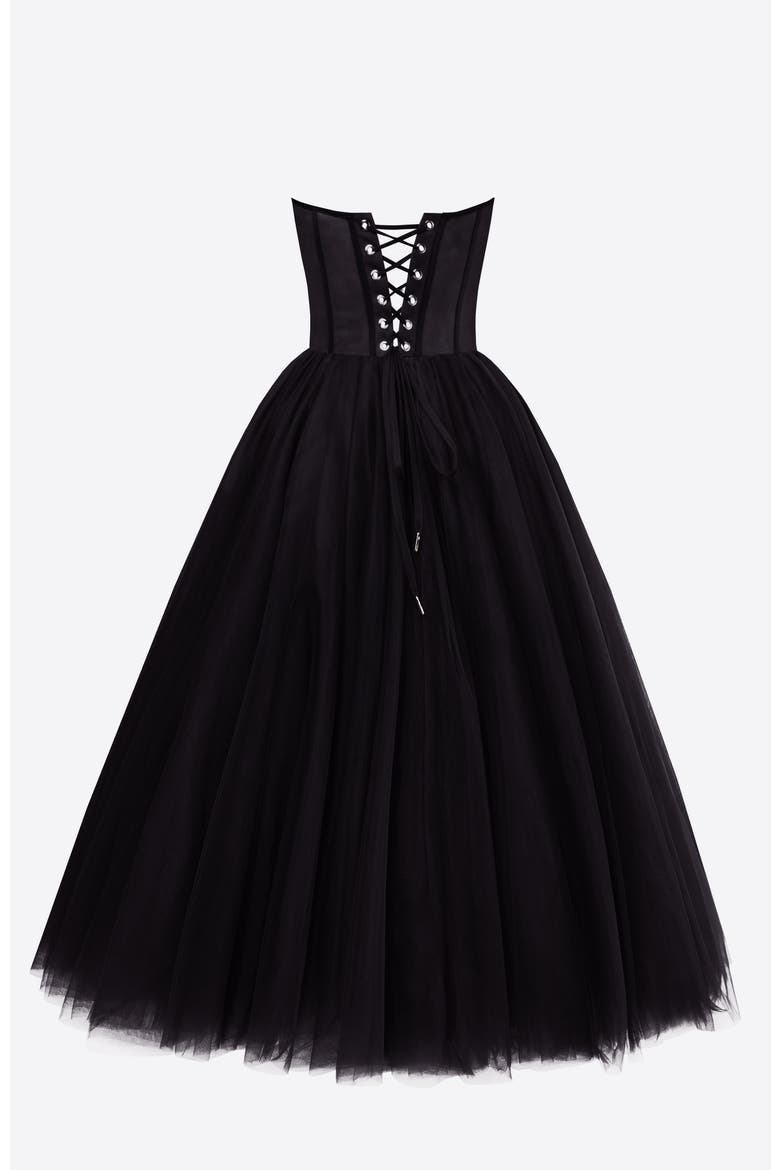 Strapless Puffy Tulle Midi Formal Occasion Dress in Black, Alternate, color, Black