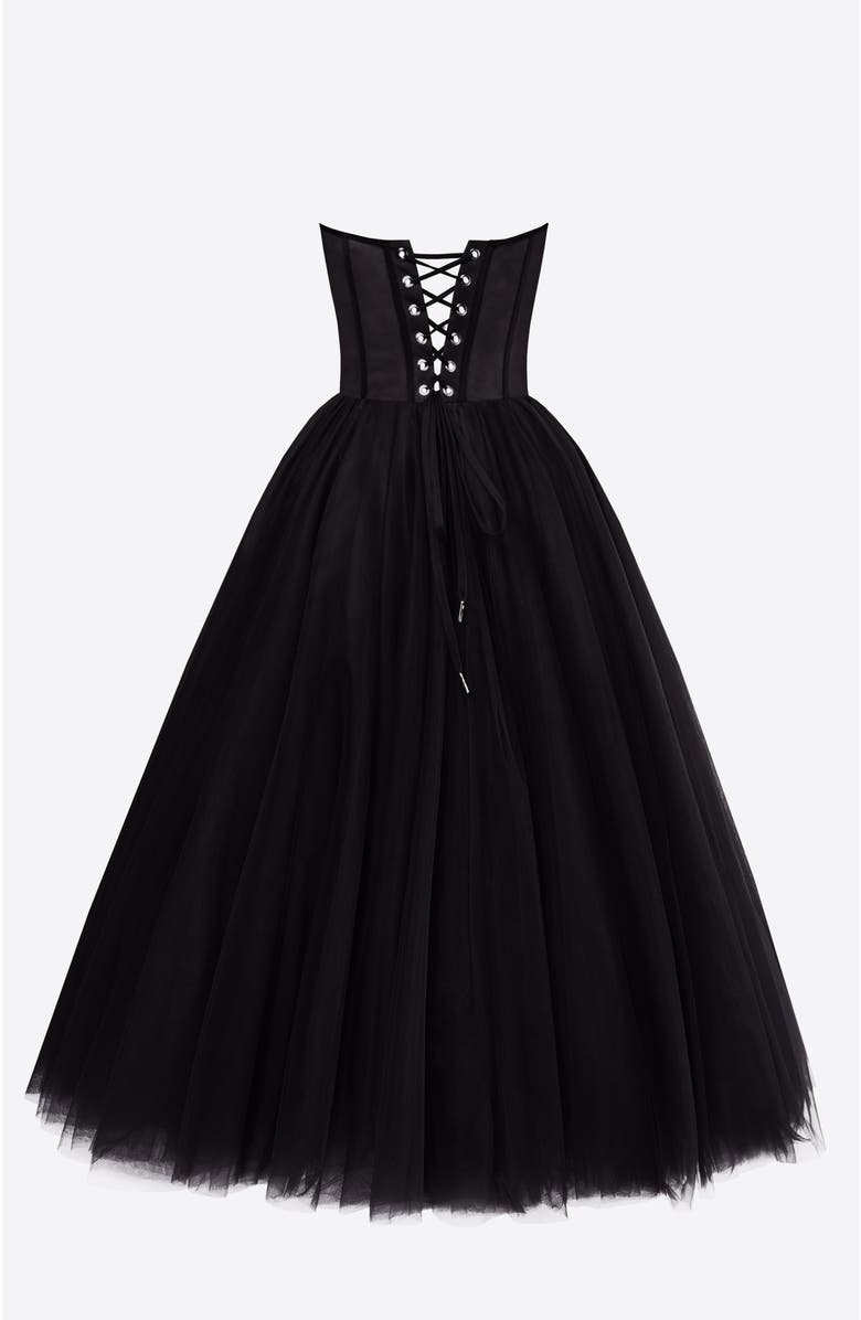 Milla Strapless Puffy Tulle Midi Formal Occasion Dress in Black, Alternate, color, Black