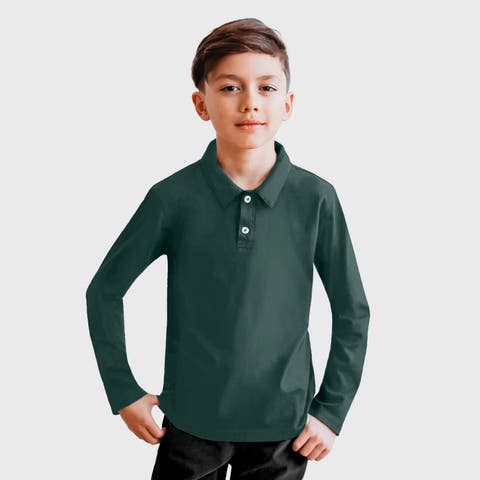 Boys 100% Cotton Soft Knit Jersey 2-Button Long Sleeve Polo Shirt (Toddler, Little Kid, Big Kid)