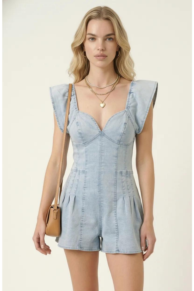 Structured Zip Front Romper with Flutter Sleeves and Pleated Detail, Alternate, color, Light Blue