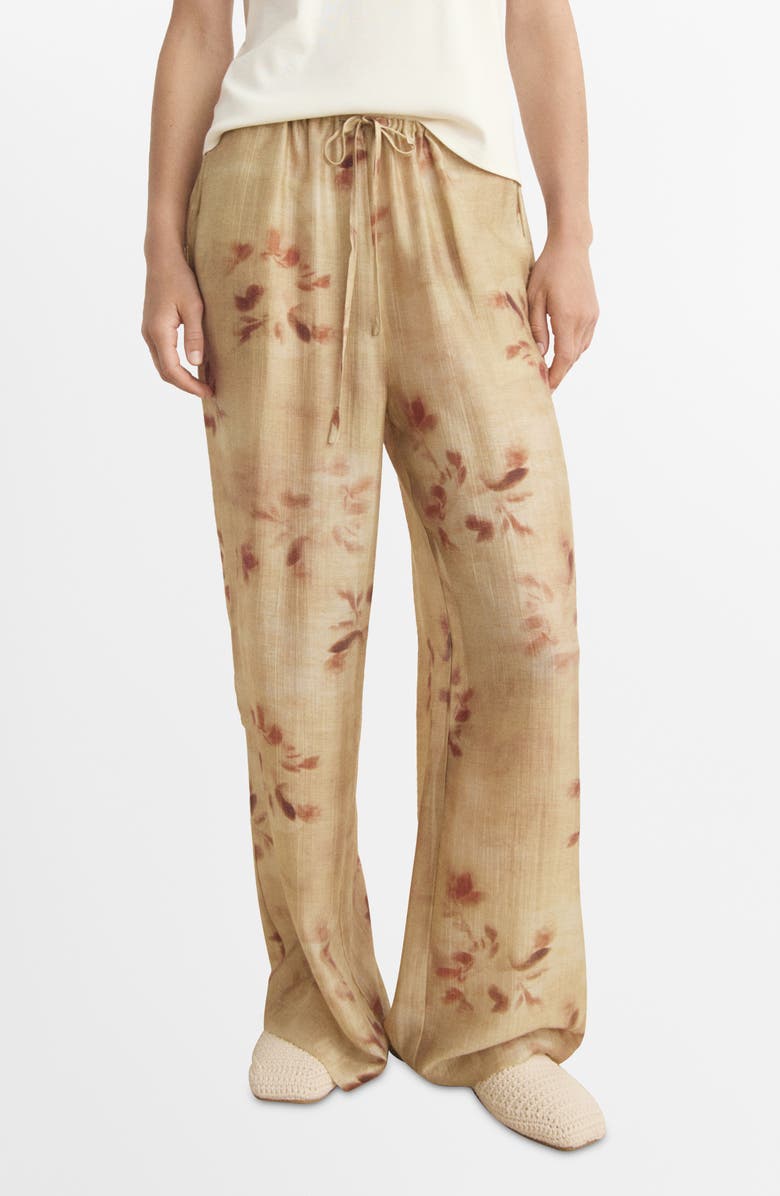 MANGO Leaf Print Wide Leg Drawstring Pants, Main, color, Sand