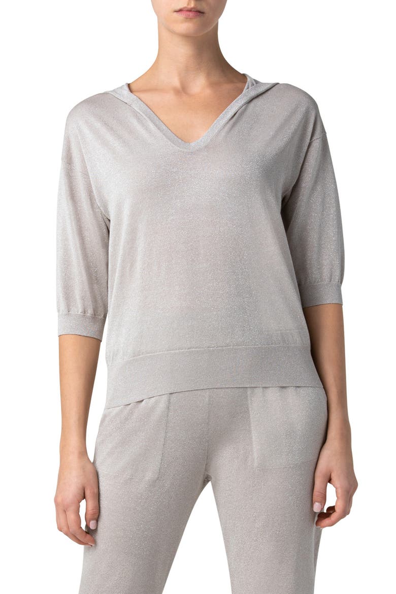 Metallic Silk & Organic Cotton Hooded Sweater, Main, color, GREIGE