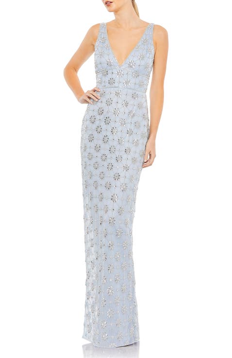 Hand Embellished Sleeveless V Neck Column Gown