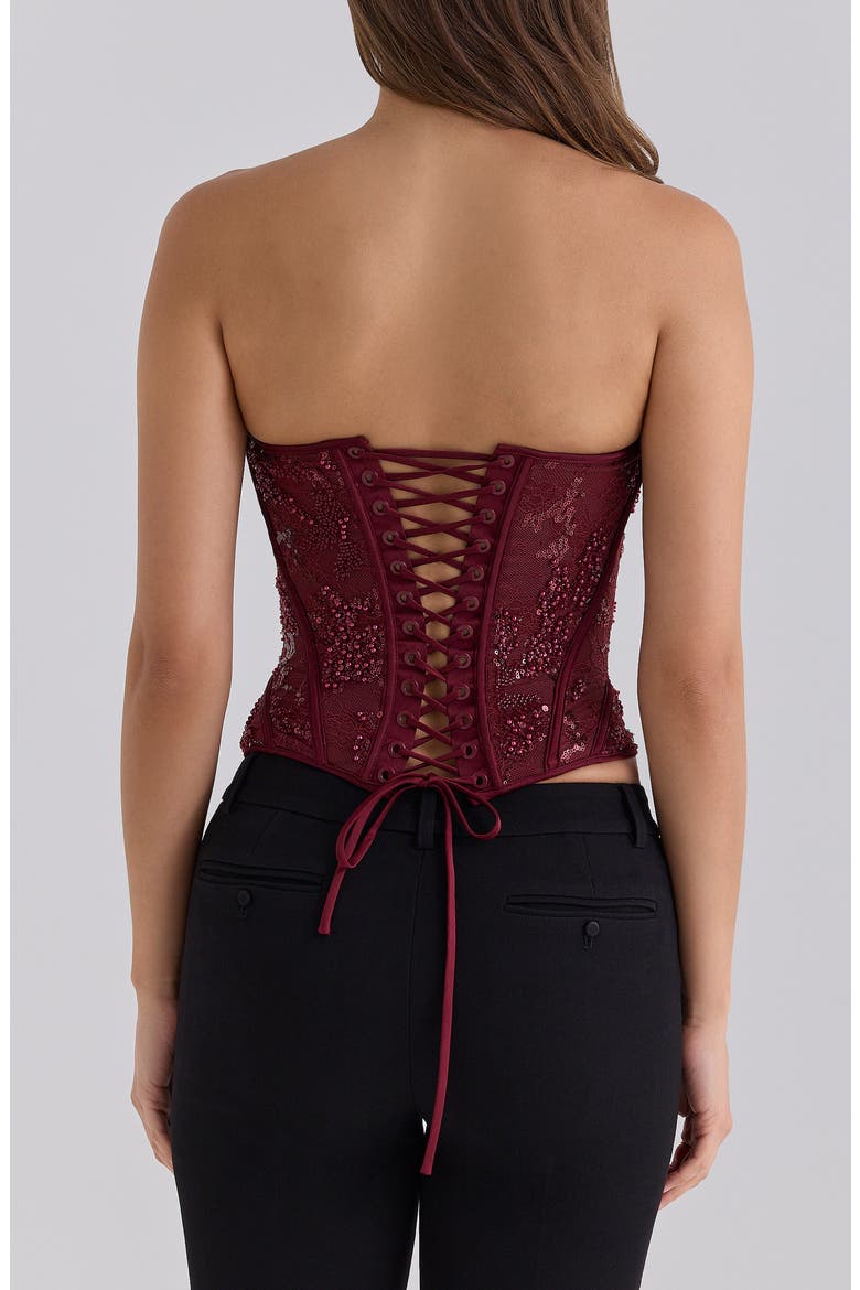 Calliope Embellished Lace Corset Top, Alternate, color, CABERNET
