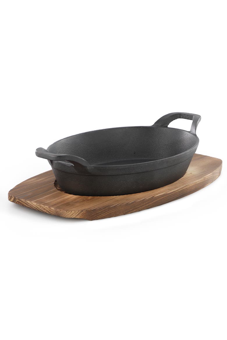 Mini Cast Iron Oval Pan with Wood Tray, Alternate, color, Black