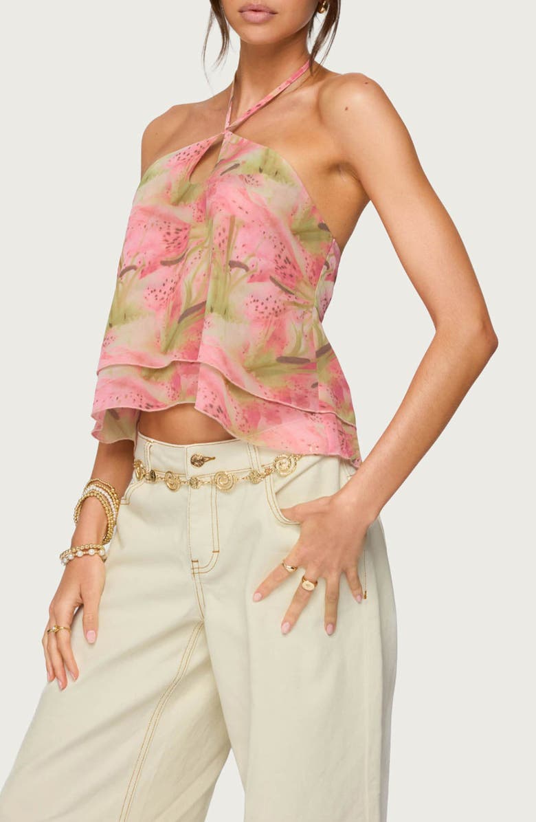 EDIKTED Dragon Lily Tiered Chiffon Halter Top, Alternate, color, Mix