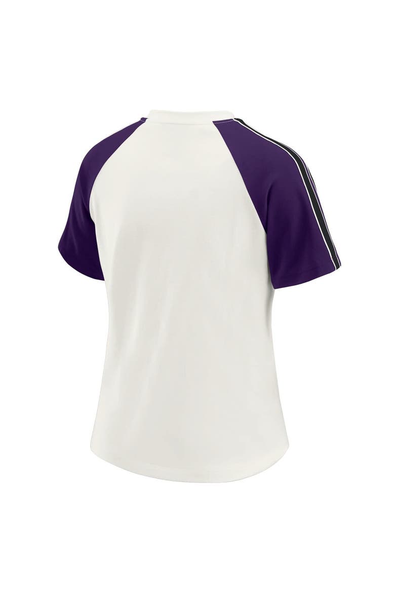 Women's WEAR by Erin Andrews White Baltimore Ravens Sleeve Stripe Distressed Raglan T-Shirt, Alternate, color, White