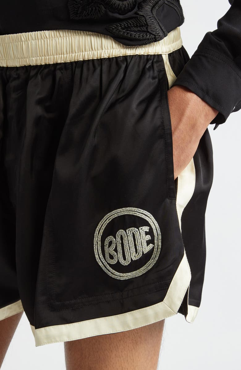 Bode Satin Gym Shorts, Alternate, color, Black Cream