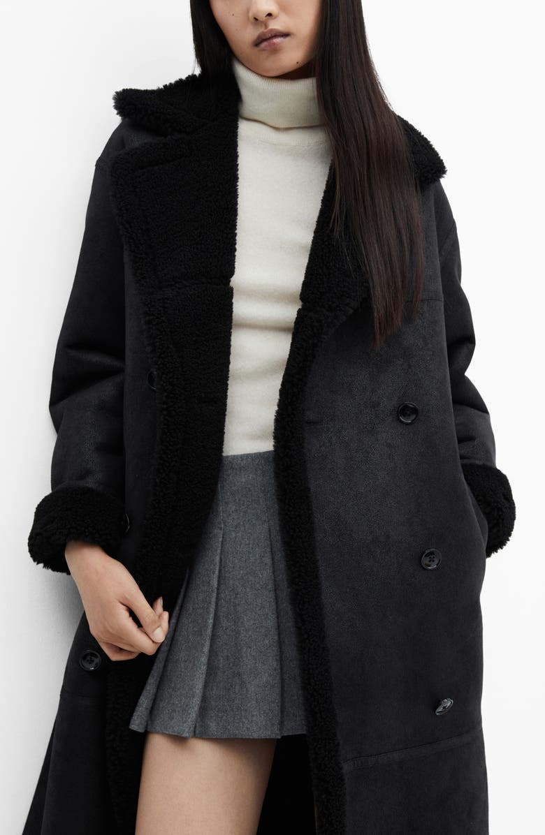 MANGO Double Breasted Faux Shearling Coat, Alternate, color, 