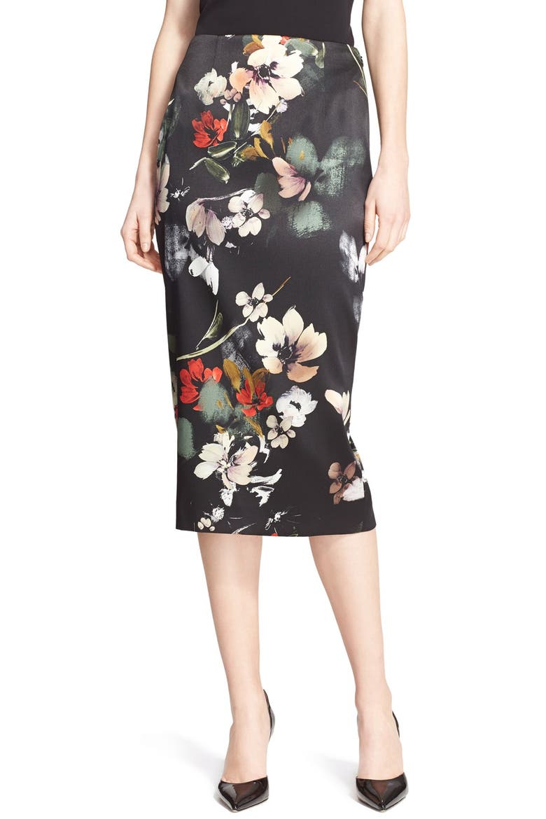 Floral Print Stretch Satin Pencil Skirt, Main, color, BLACK PAINTERLY FLORAL PRINT