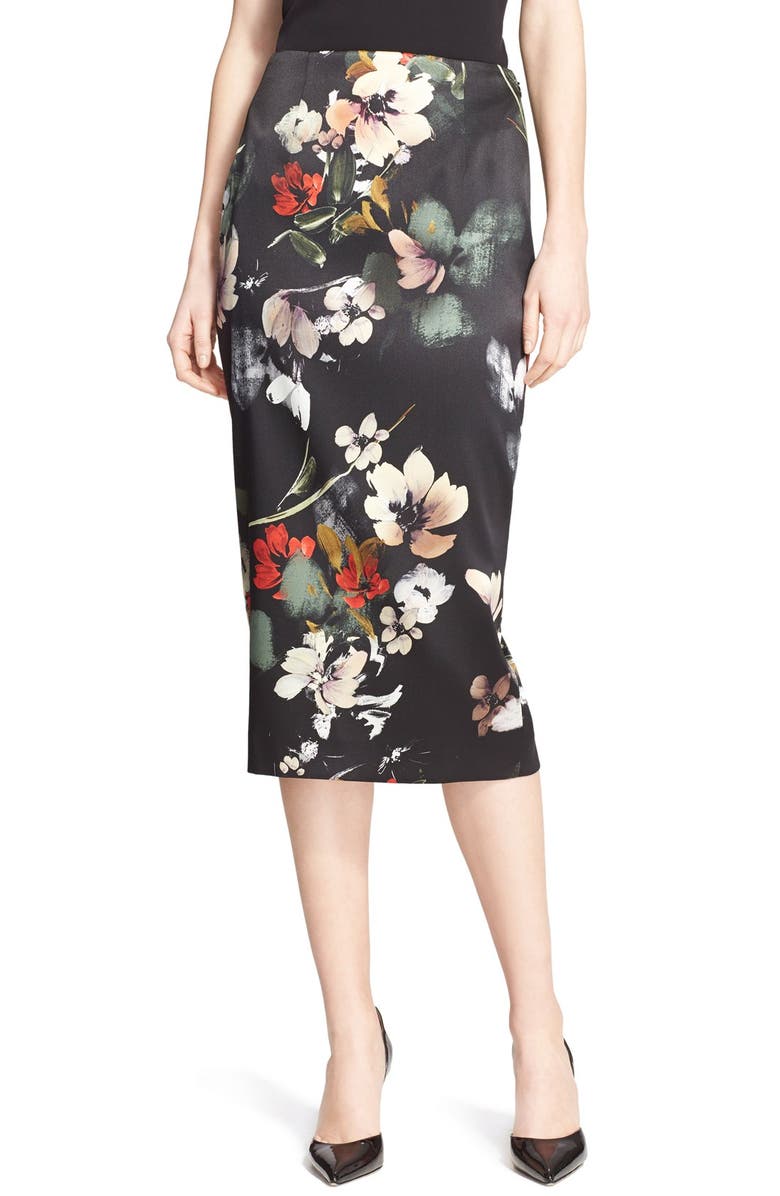 Nordstrom Signature and Caroline Issa Floral Print Stretch Satin Pencil Skirt, Main, color, 