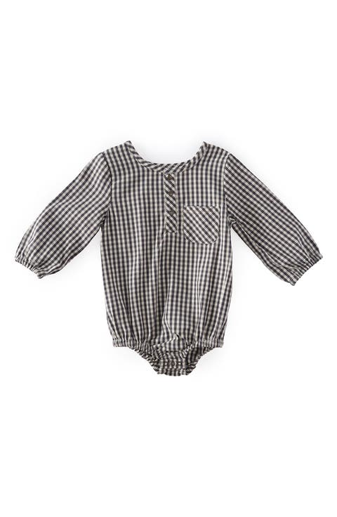 Gingham Check Long Sleeve Organic Cotton Bodysuit (Baby)
