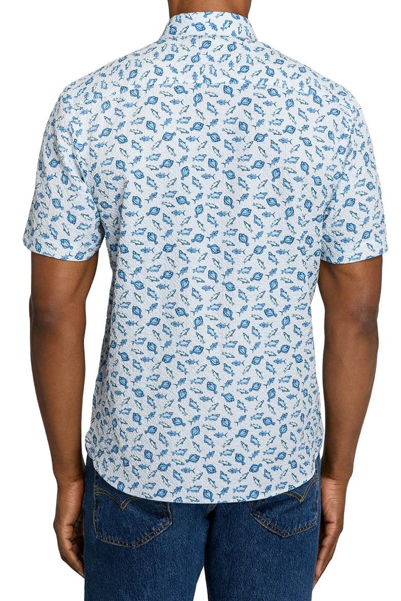 Fish Print Short Sleeve Seersucker Button-Up Shirt, Alternate, color, NAVY/ GREEN