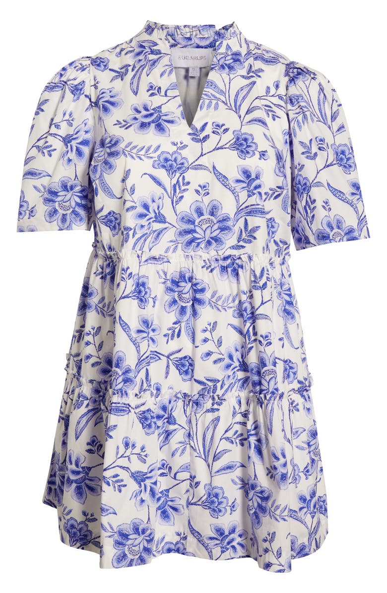 SUGARLIPS Maeve Floral Dixie Tiered Cotton Dress, Alternate, color, White/ Cobalt