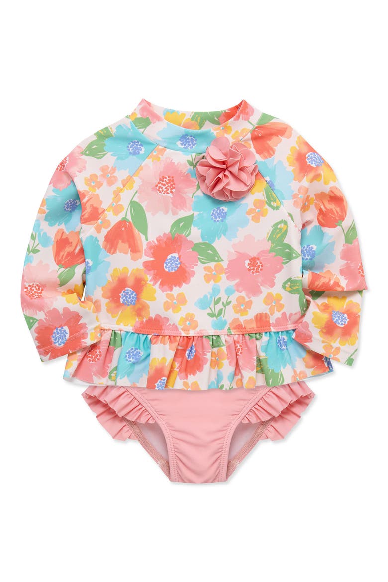 Floral Rashguard Top & Bikini Bottoms Set, Alternate, color, PINK