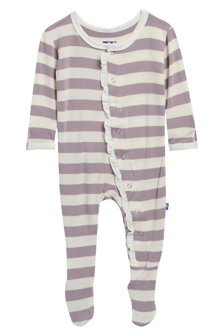 Ruffled Snap Placket Footie, Main, color, FEATHER CONTRAST STRIPE