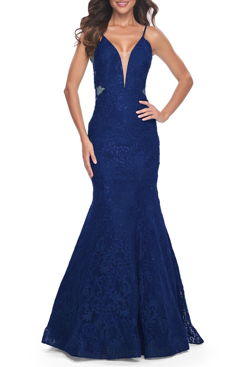 Long Mermaid Lace Dress with Back Rhinestone Detail, Main, color, Navy