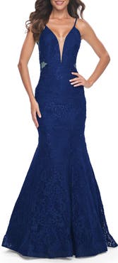 La Femme Long Mermaid Lace Dress with Back Rhinestone Detail