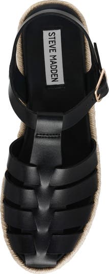 【Steve Madden】Marlin エスパドリーユ 厚底サンダル MARLIN Black Leather Women's Flatform Fisherman Espadrille