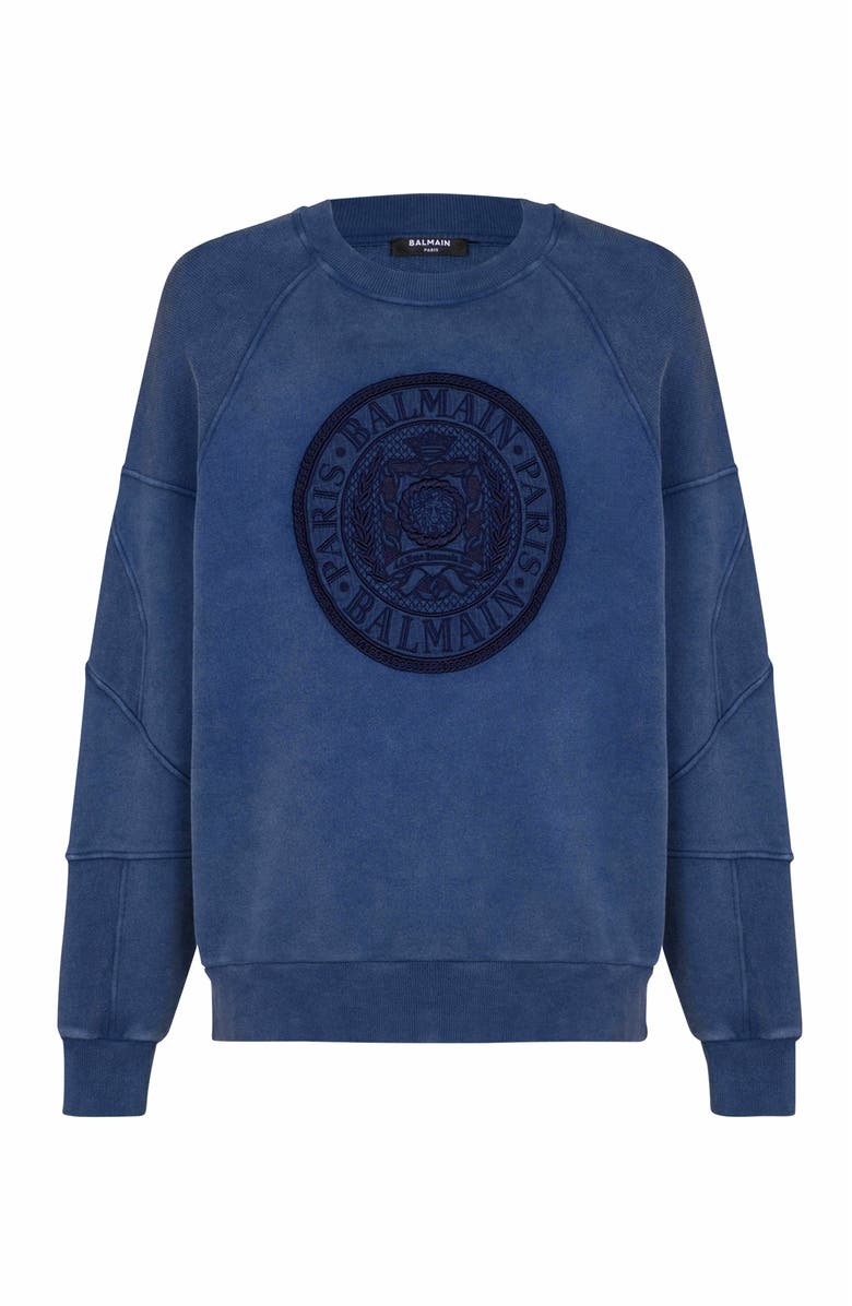 Balmain Ribbed Sweatshirt With "Coin" Embroidery, Main, color, Navy