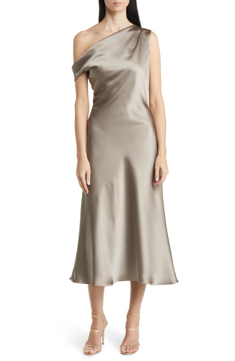 Amsale One-Shoulder Satin Midi Dress, Main, color, 