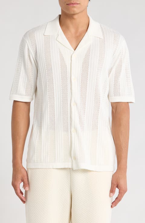 Open Knit Short Sleeve Button-Up Shirt