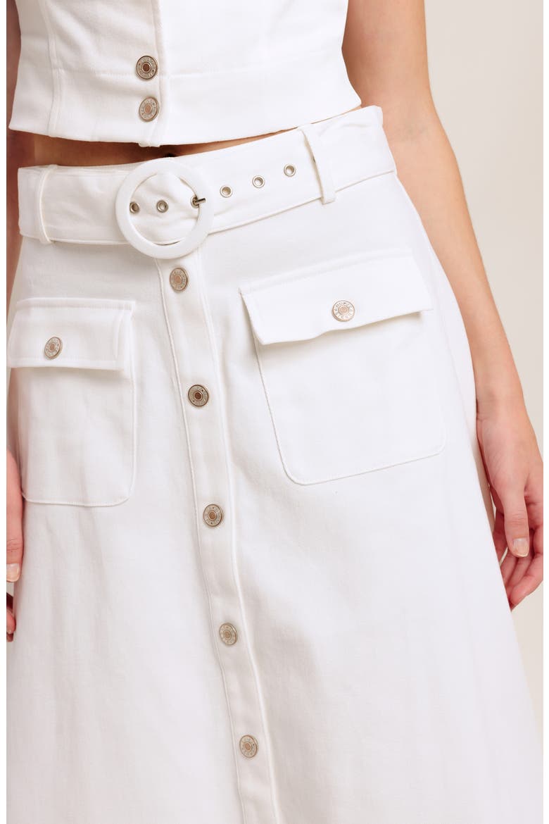 Belted Button Front Denim Midi Skirt, Alternate, color, WHITE DENIM