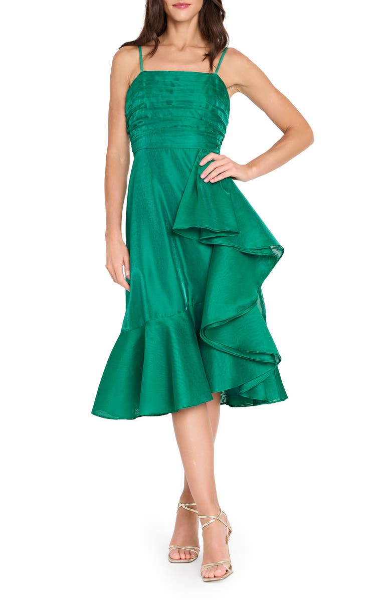 Tahari ASL Pleated Ruffle Satin Cocktail Dress, Main, color, Dark Green